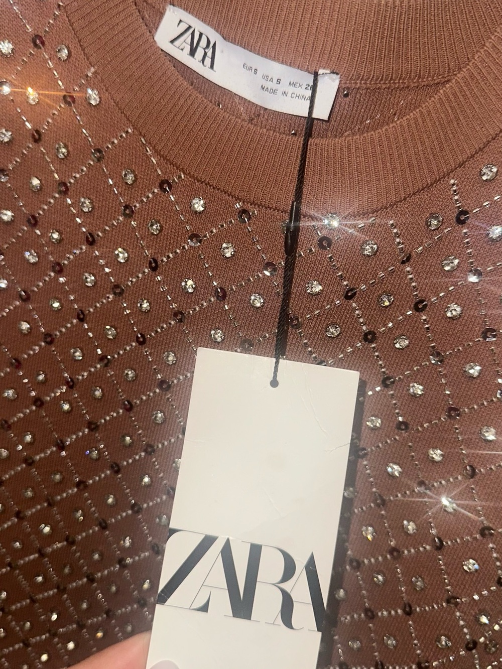 ZARA Rose-Tan Crystal-Studded Crewneck Sweater